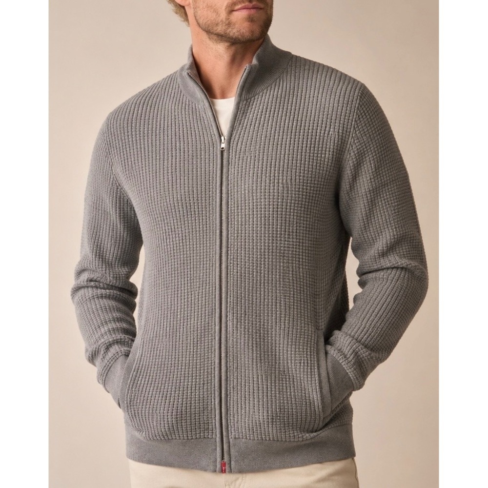 Theory Amadeo FZ Breach Grey Waffle Knit Full Zip Mock Neck Sweater Mens Large